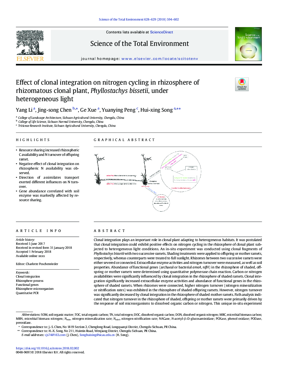 Effect of clonal integration on nitrogen cycling in rhizosphere of rhizomatous clonal plant, Phyllostachys bissetii, under heterogeneous light