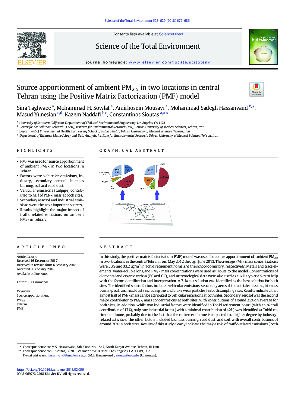 Source apportionment of ambient PM2.5 in two locations in central Tehran using the Positive Matrix Factorization (PMF) model