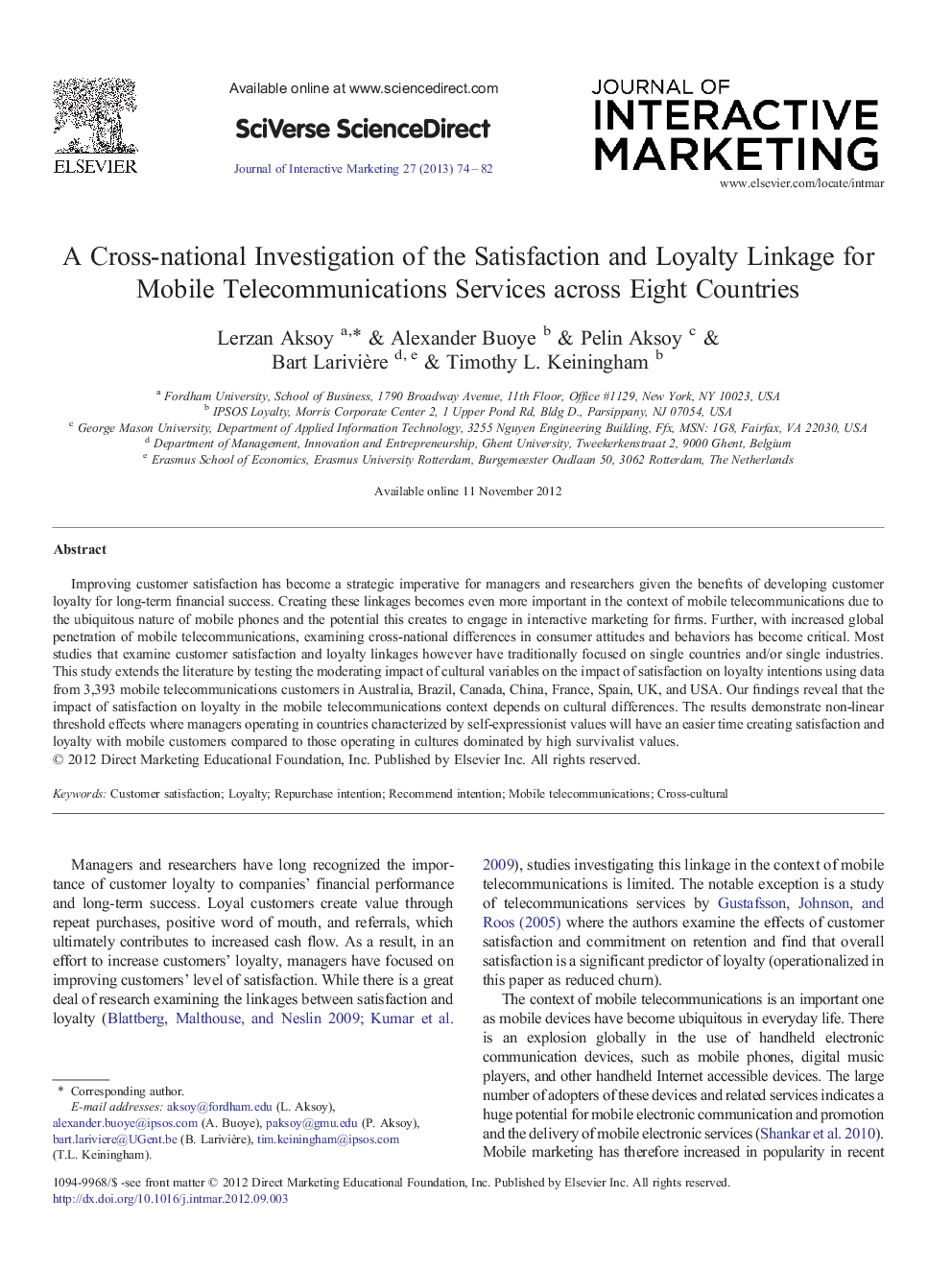 A Cross-national Investigation of the Satisfaction and Loyalty Linkage for Mobile Telecommunications Services across Eight Countries