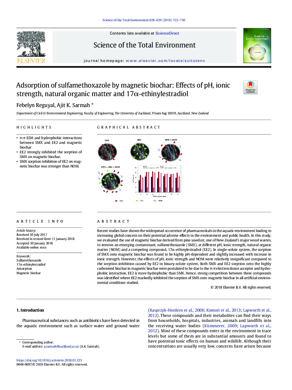 Adsorption of sulfamethoxazole by magnetic biochar: Effects of pH, ionic strength, natural organic matter and 17Î±-ethinylestradiol