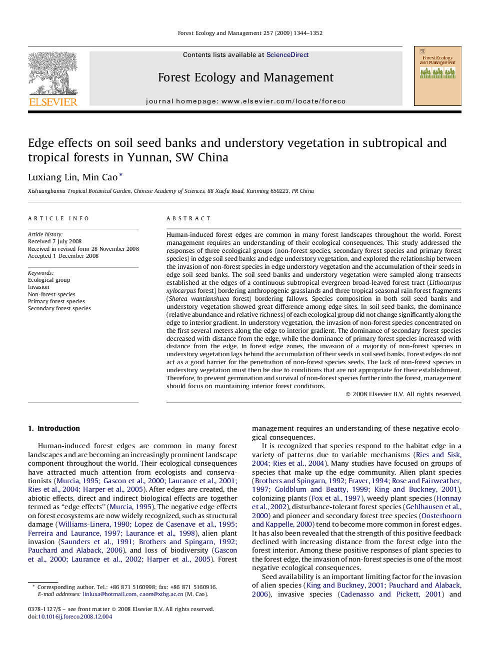 Edge effects on soil seed banks and understory vegetation in subtropical and tropical forests in Yunnan, SW China