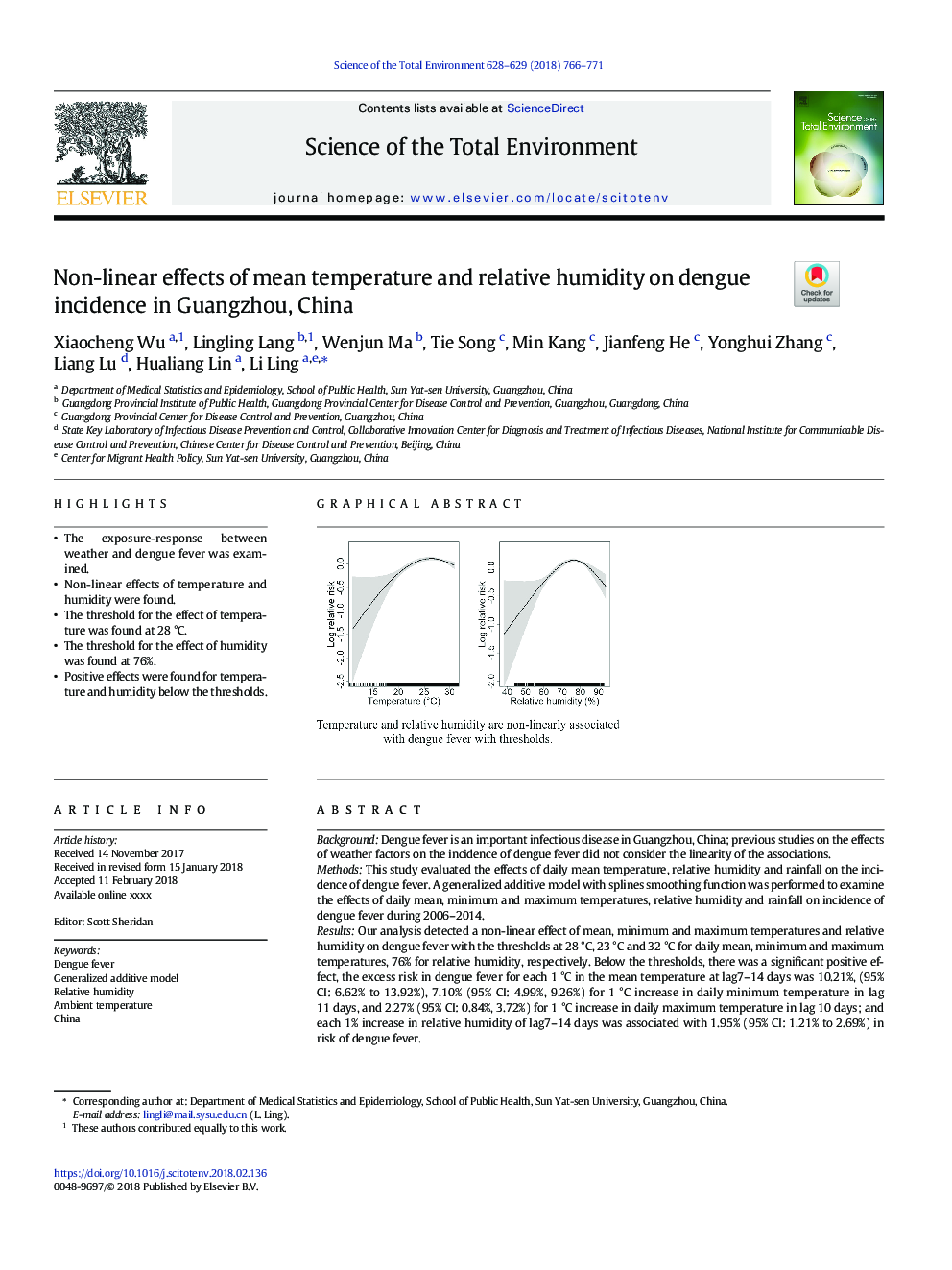 Non-linear effects of mean temperature and relative humidity on dengue incidence in Guangzhou, China