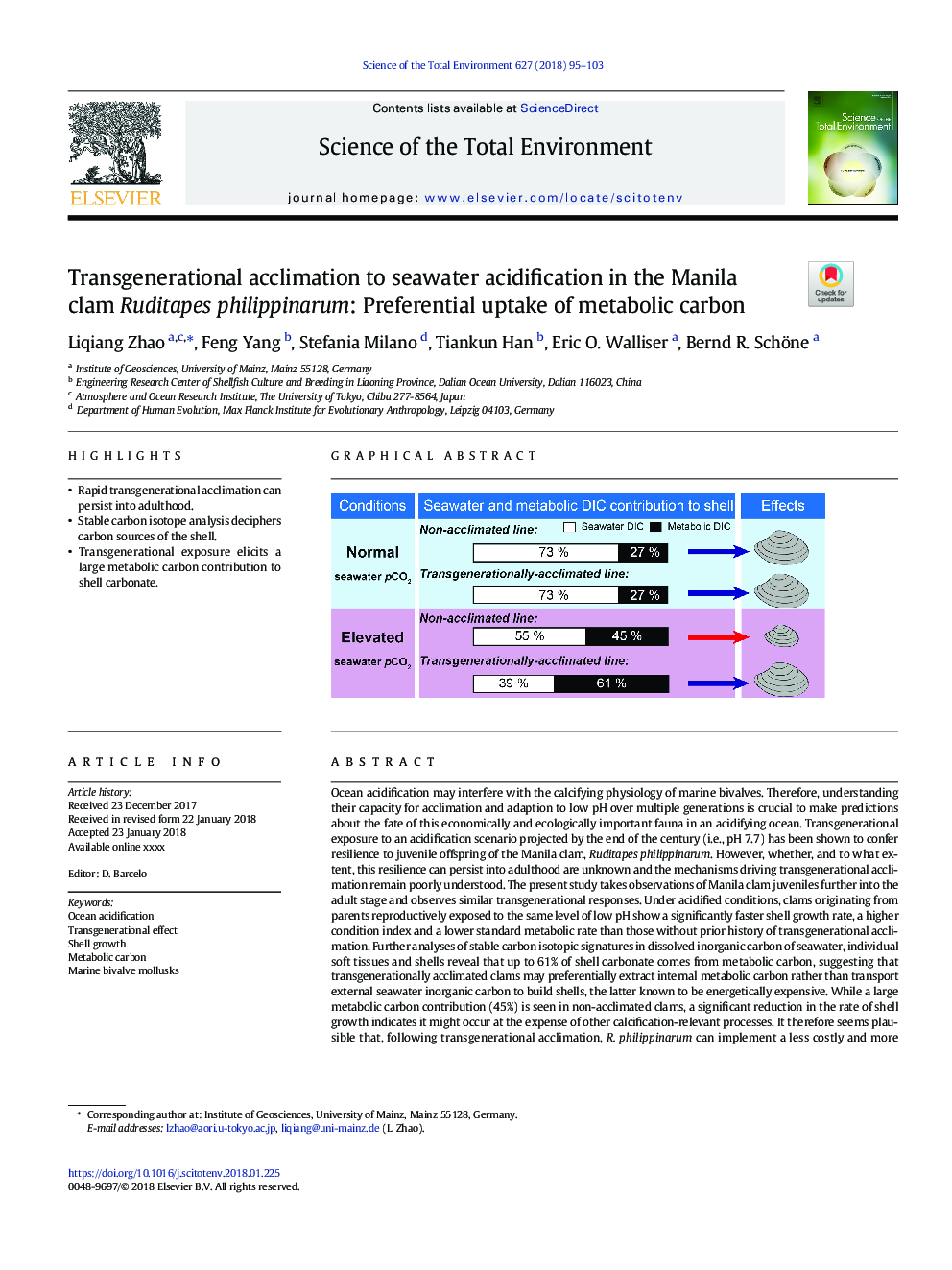 Transgenerational acclimation to seawater acidification in the Manila clam Ruditapes philippinarum: Preferential uptake of metabolic carbon