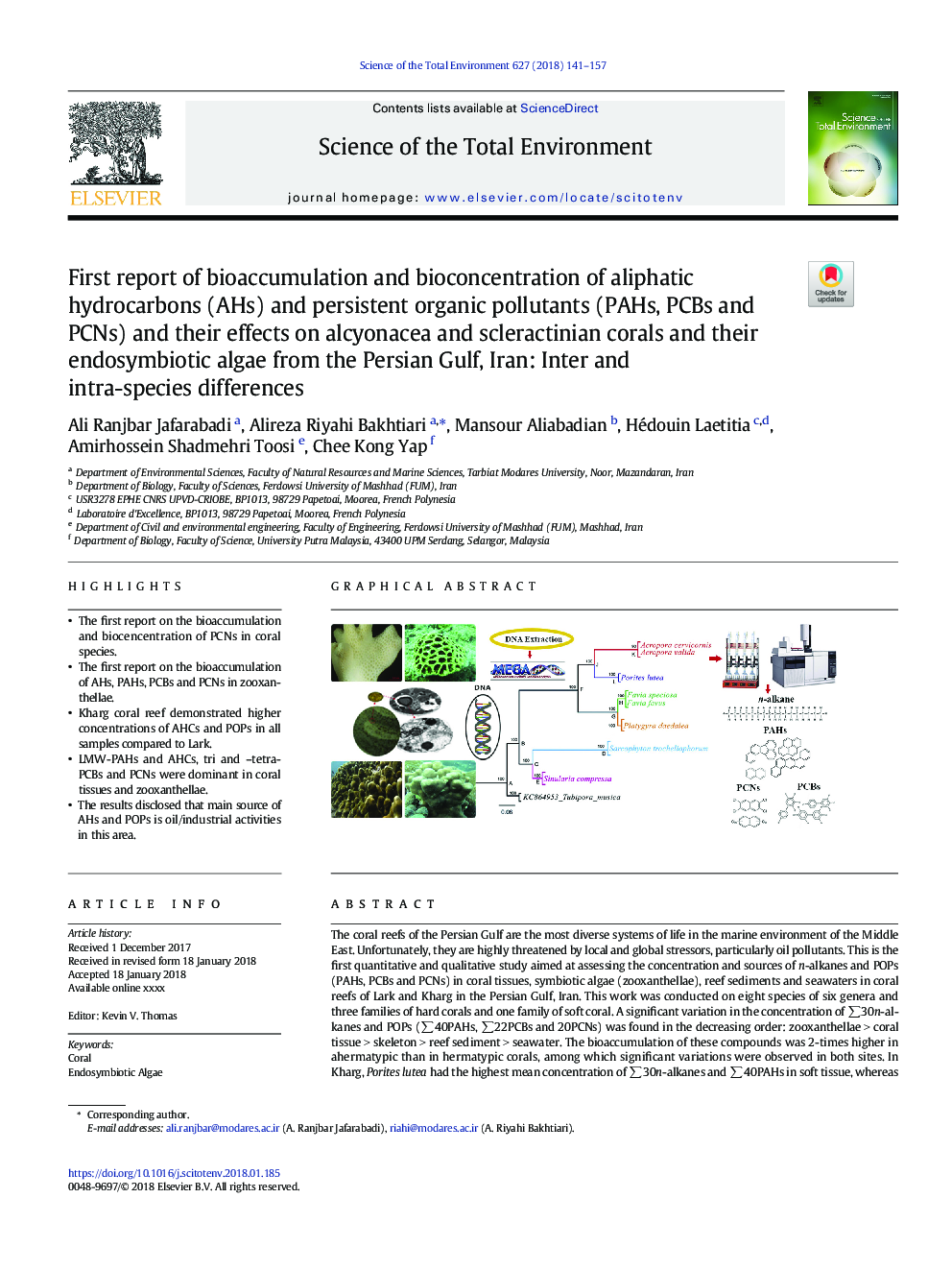 First report of bioaccumulation and bioconcentration of aliphatic hydrocarbons (AHs) and persistent organic pollutants (PAHs, PCBs and PCNs) and their effects on alcyonacea and scleractinian corals and their endosymbiotic algae from the Persian Gulf, Iran