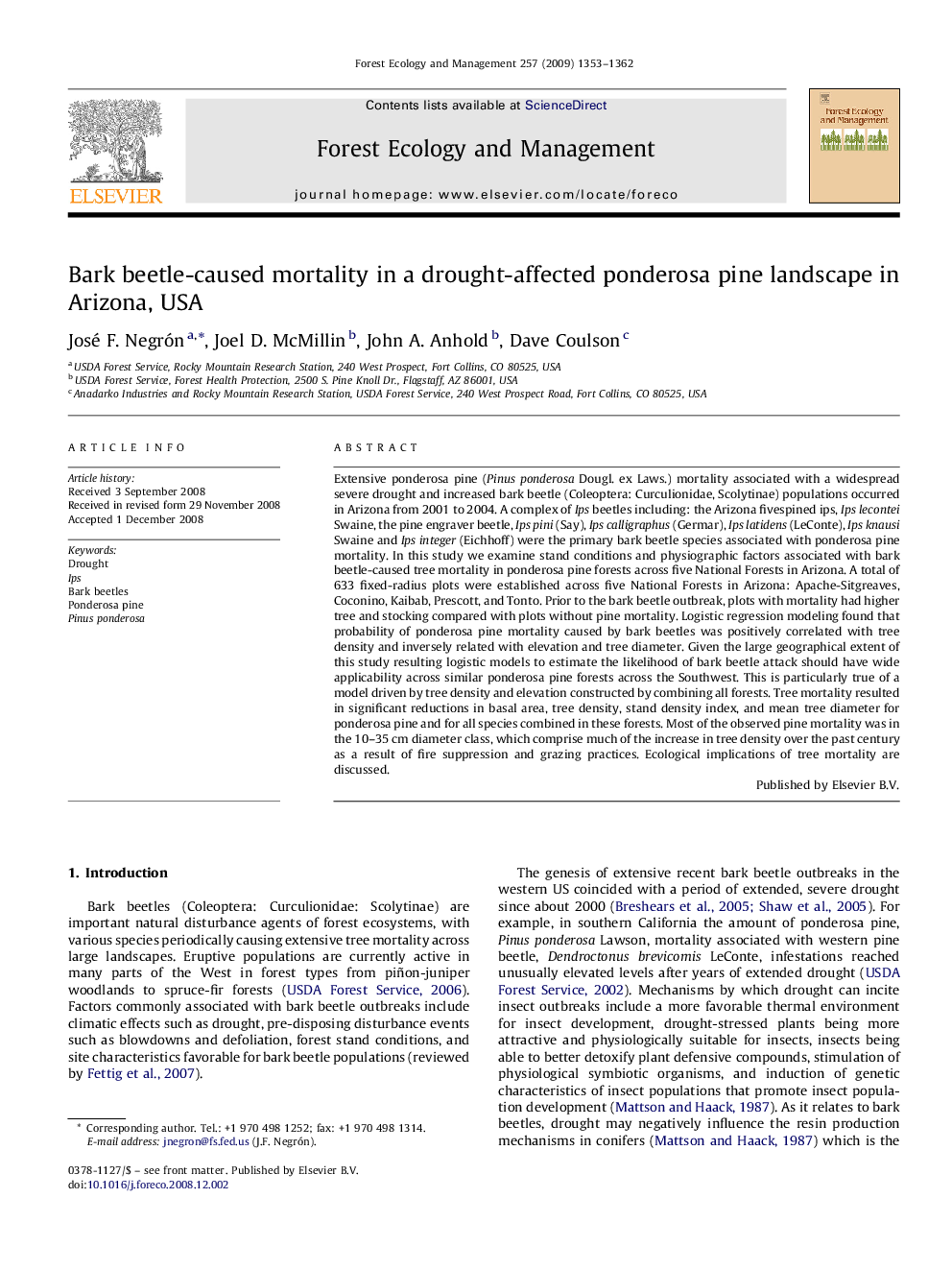 Bark beetle-caused mortality in a drought-affected ponderosa pine landscape in Arizona, USA