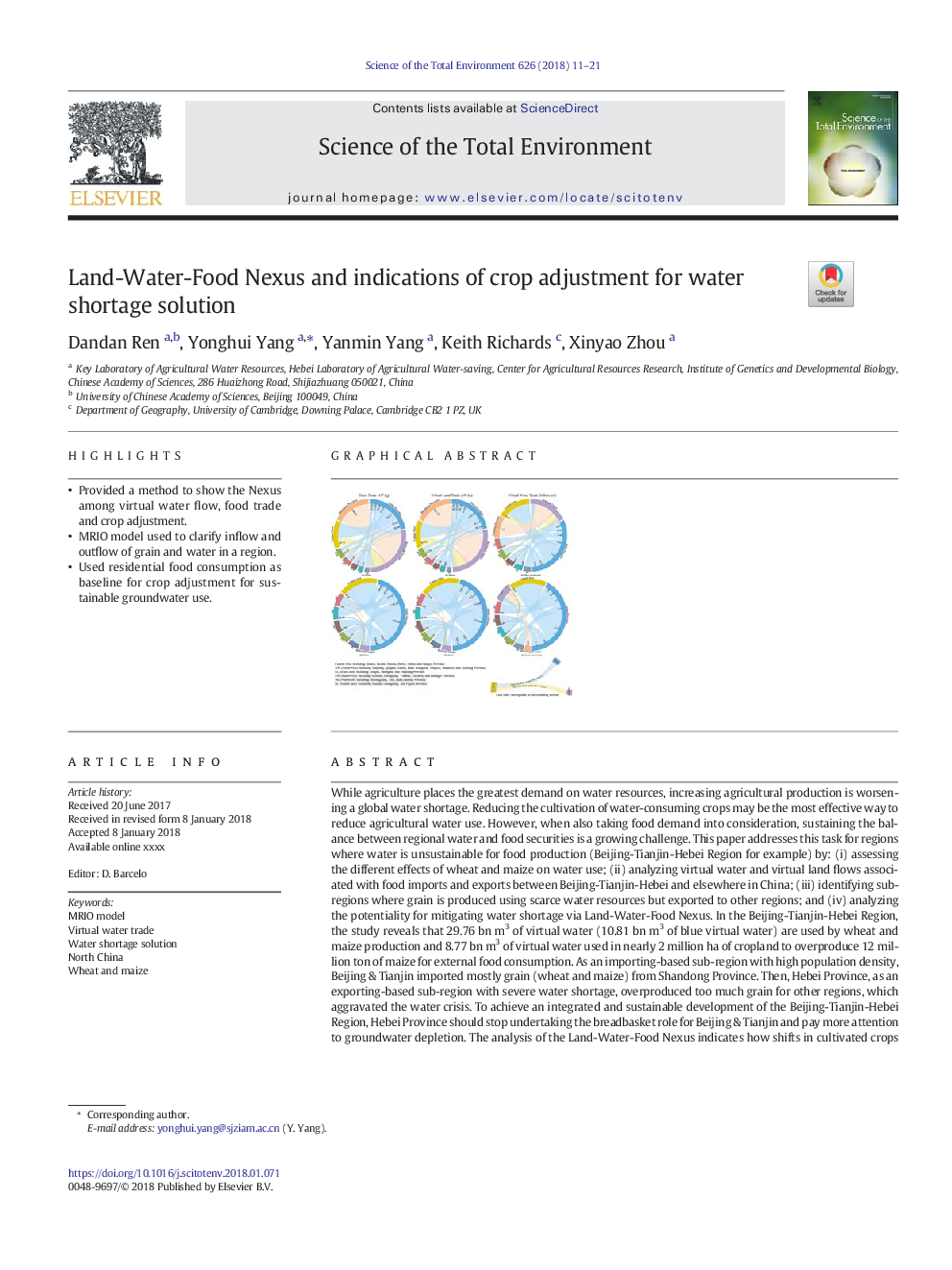 Land-Water-Food Nexus and indications of crop adjustment for water shortage solution