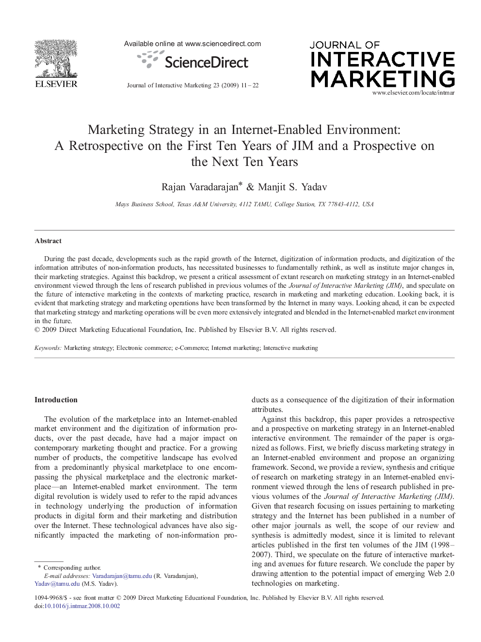 Marketing Strategy in an Internet-Enabled Environment: A Retrospective on the First Ten Years of JIM and a Prospective on the Next Ten Years