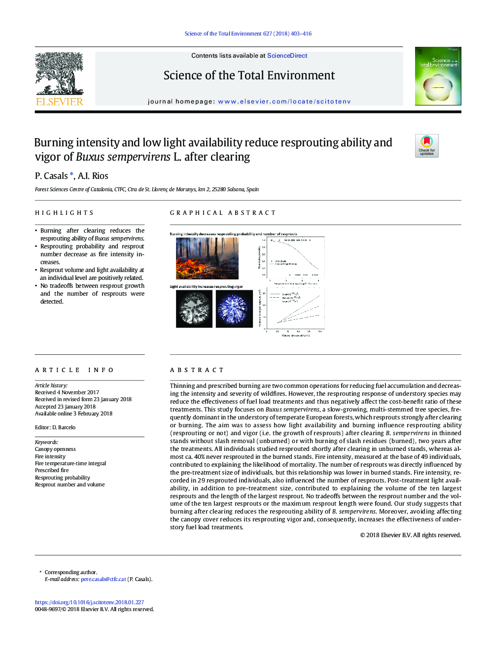 Burning intensity and low light availability reduce resprouting ability and vigor of Buxus sempervirens L. after clearing