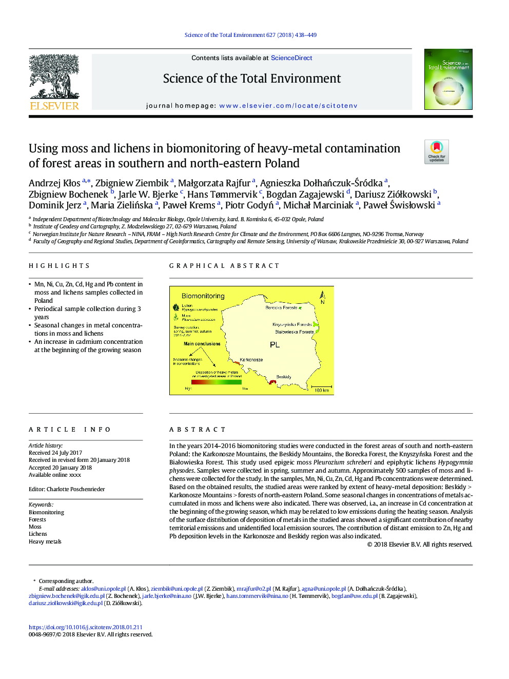 Using moss and lichens in biomonitoring of heavy-metal contamination of forest areas in southern and north-eastern Poland