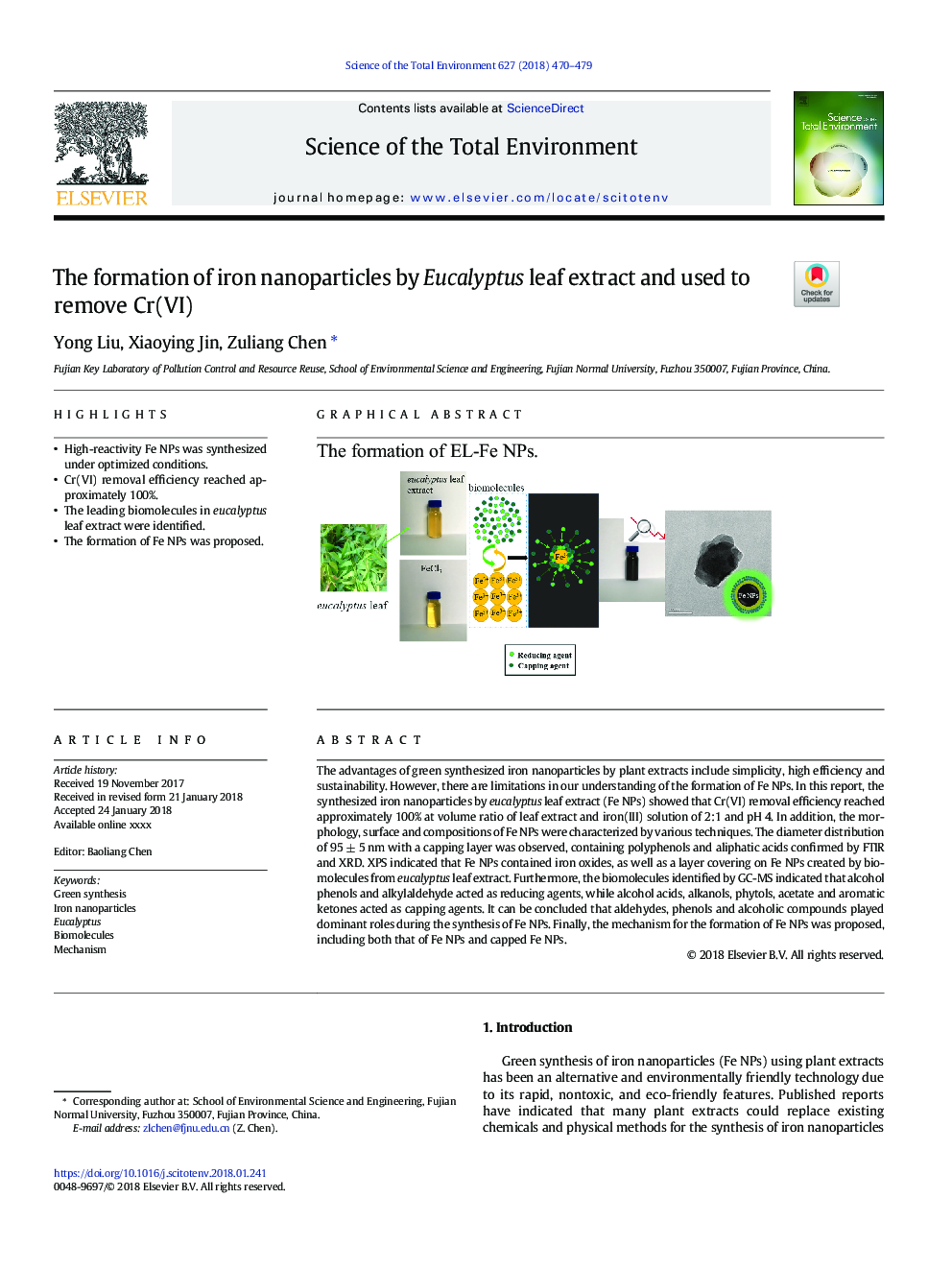 The formation of iron nanoparticles by Eucalyptus leaf extract and used to remove Cr(VI)