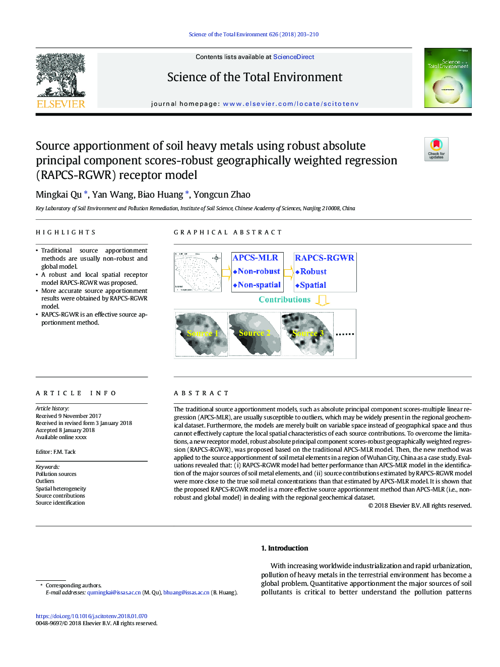 Source apportionment of soil heavy metals using robust absolute principal component scores-robust geographically weighted regression (RAPCS-RGWR) receptor model