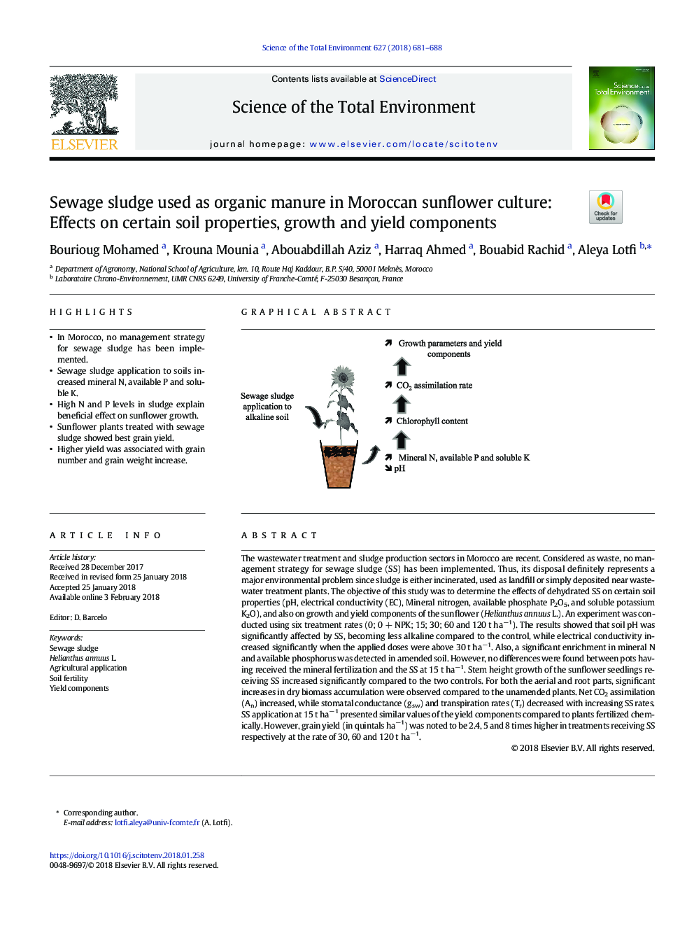 Sewage sludge used as organic manure in Moroccan sunflower culture: Effects on certain soil properties, growth and yield components