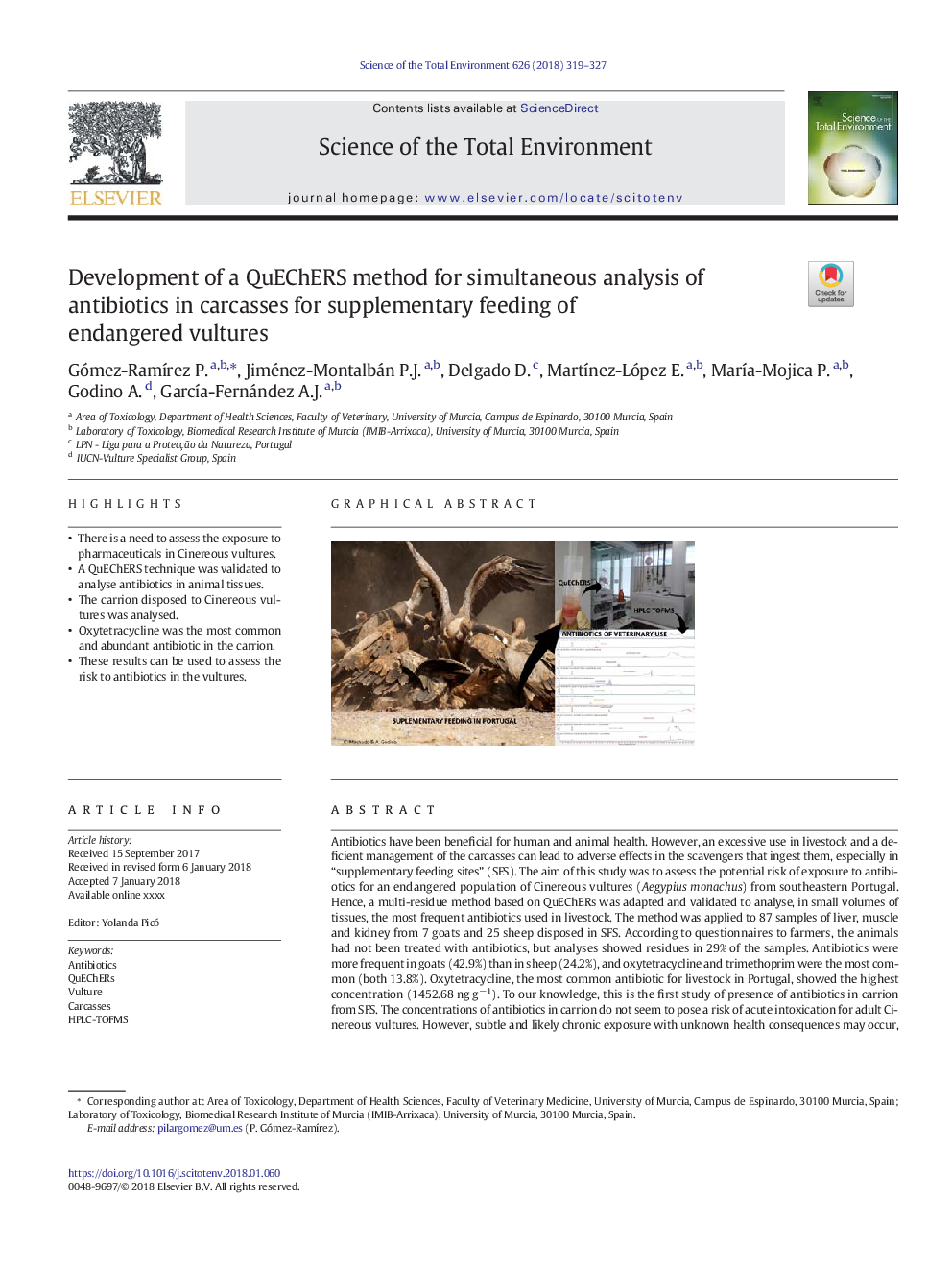 Development of a QuEChERS method for simultaneous analysis of antibiotics in carcasses for supplementary feeding of endangered vultures