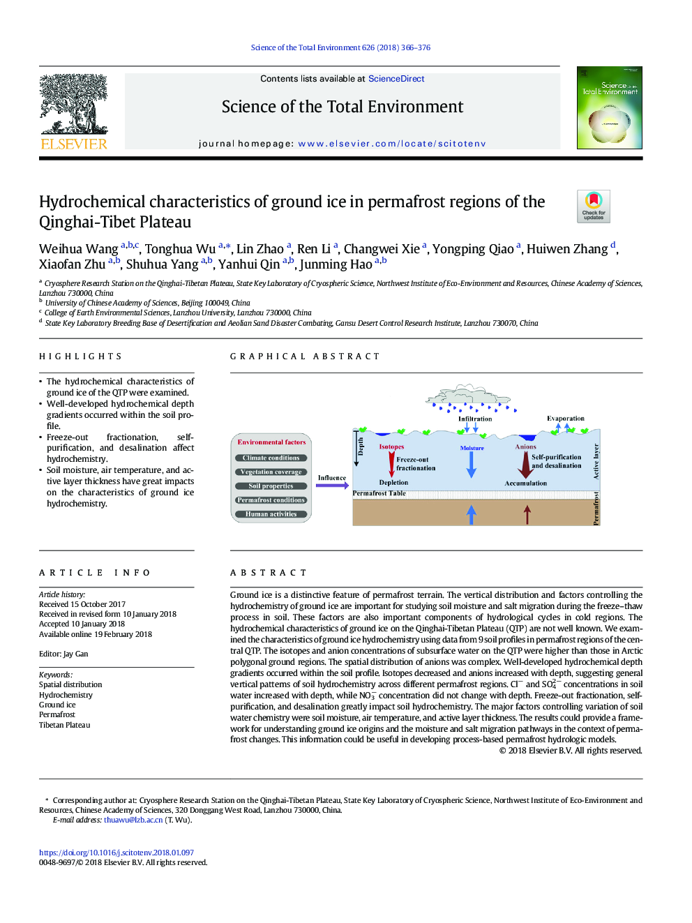 Hydrochemical characteristics of ground ice in permafrost regions of the Qinghai-Tibet Plateau