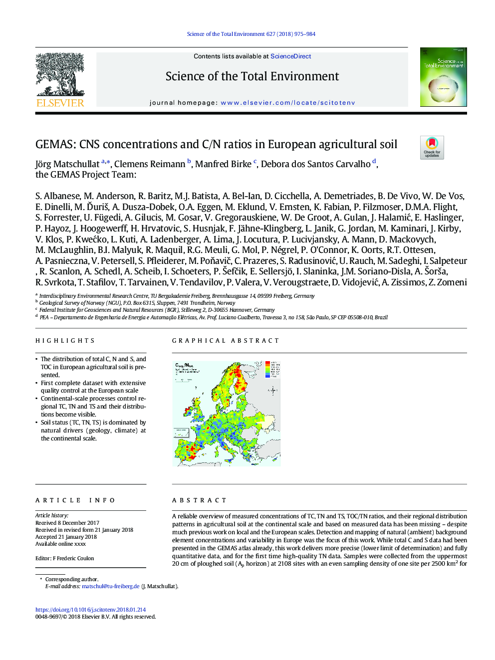 GEMAS: CNS concentrations and C/N ratios in European agricultural soil
