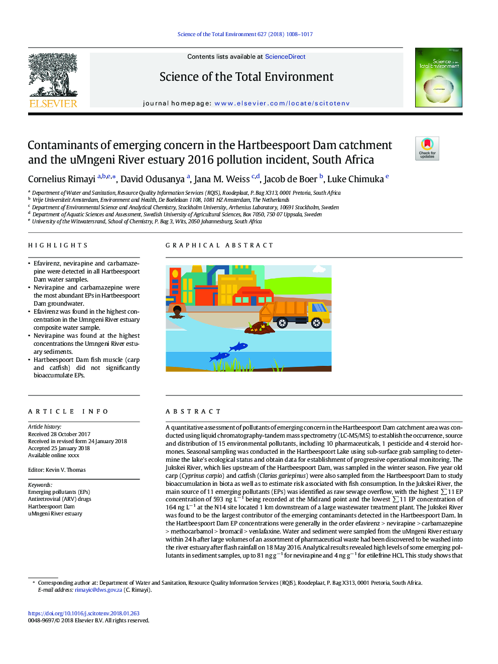 Contaminants of emerging concern in the Hartbeespoort Dam catchment and the uMngeni River estuary 2016 pollution incident, South Africa