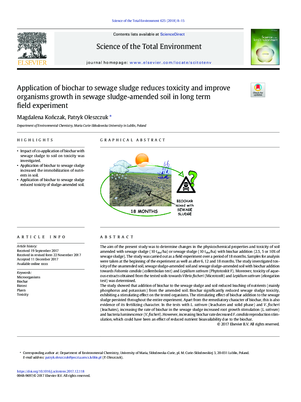 Application of biochar to sewage sludge reduces toxicity and improve organisms growth in sewage sludge-amended soil in long term field experiment