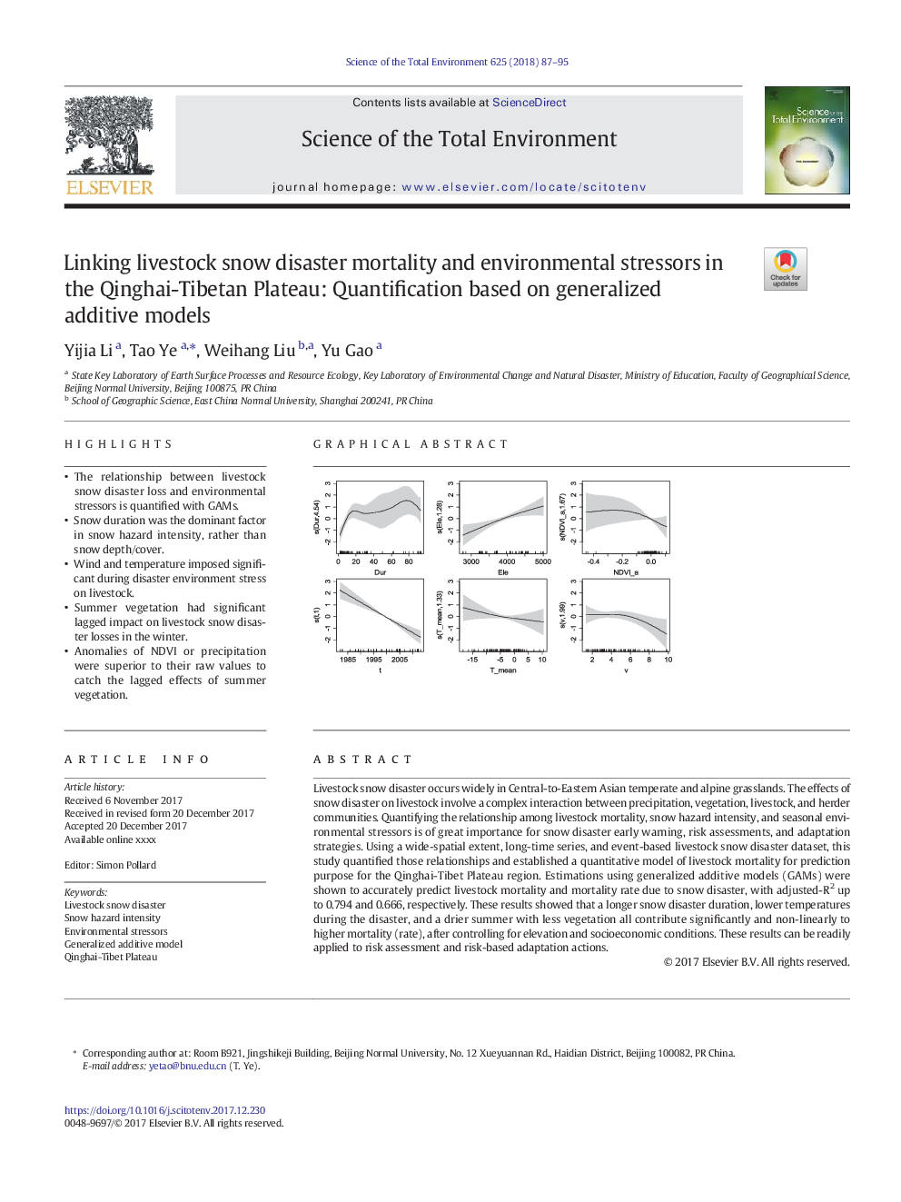 Linking livestock snow disaster mortality and environmental stressors in the Qinghai-Tibetan Plateau: Quantification based on generalized additive models