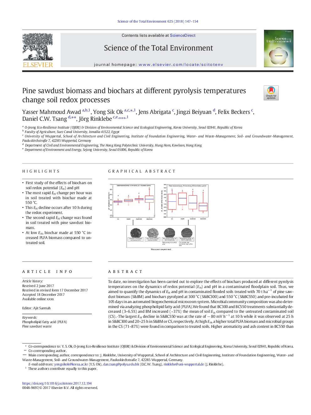 Pine sawdust biomass and biochars at different pyrolysis temperatures change soil redox processes