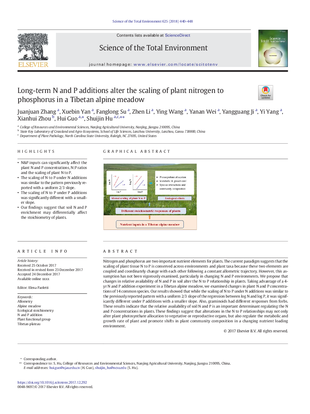 Long-term N and P additions alter the scaling of plant nitrogen to phosphorus in a Tibetan alpine meadow