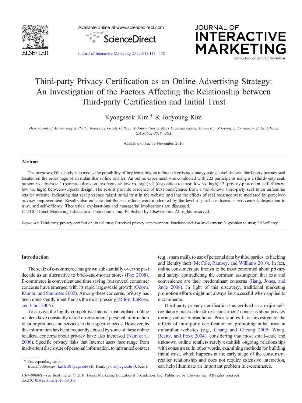 Third-party Privacy Certification as an Online Advertising Strategy: An Investigation of the Factors Affecting the Relationship between Third-party Certification and Initial Trust