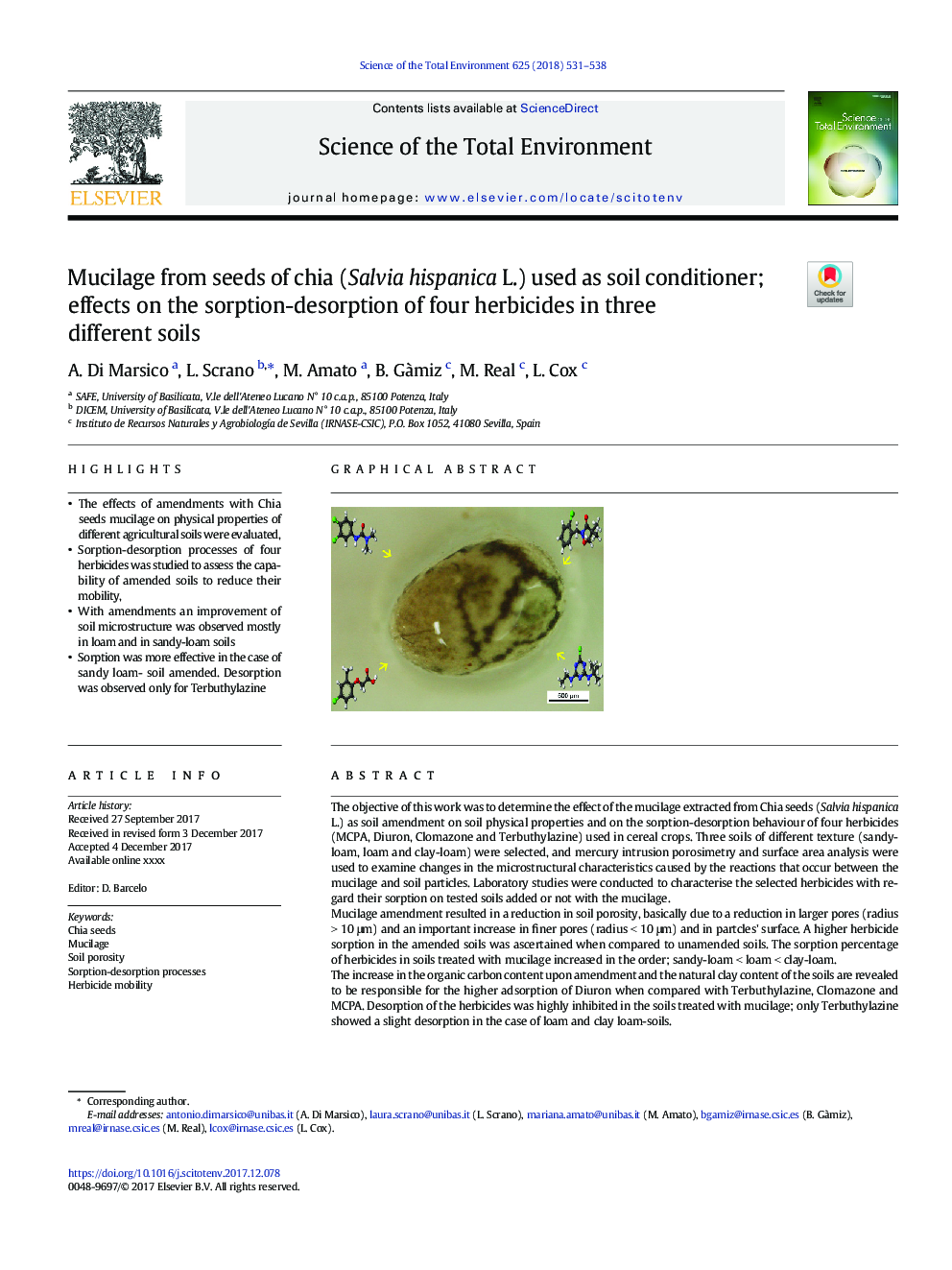 Mucilage from seeds of chia (Salvia hispanica L.) used as soil conditioner; effects on the sorption-desorption of four herbicides in three different soils