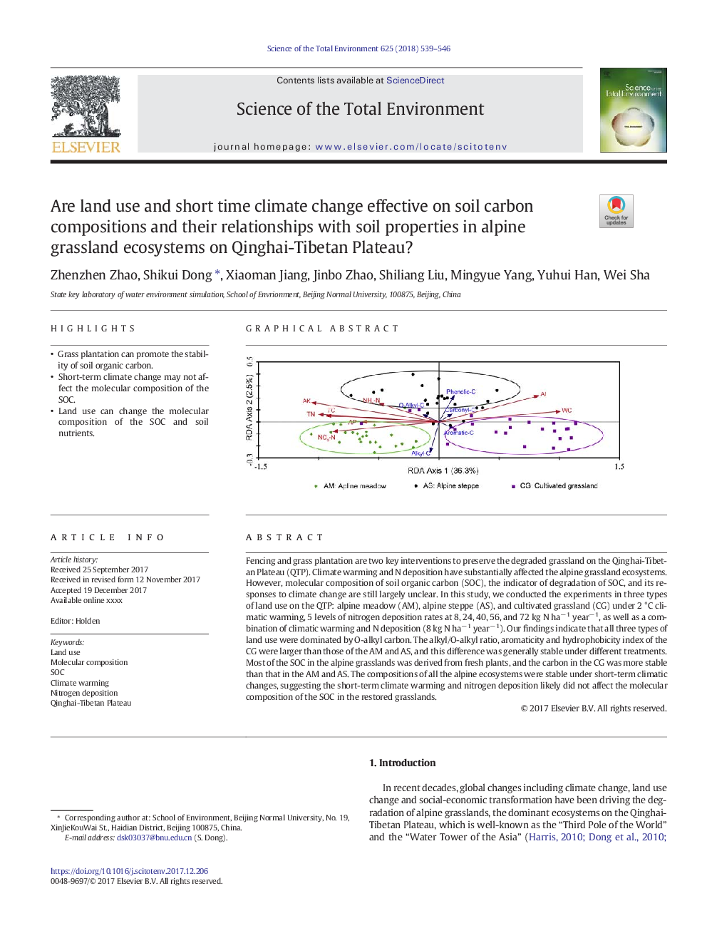 Are land use and short time climate change effective on soil carbon compositions and their relationships with soil properties in alpine grassland ecosystems on Qinghai-Tibetan Plateau?