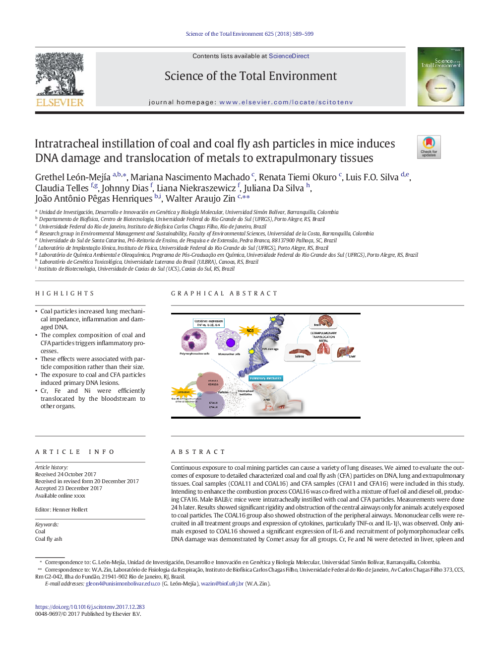 Intratracheal instillation of coal and coal fly ash particles in mice induces DNA damage and translocation of metals to extrapulmonary tissues