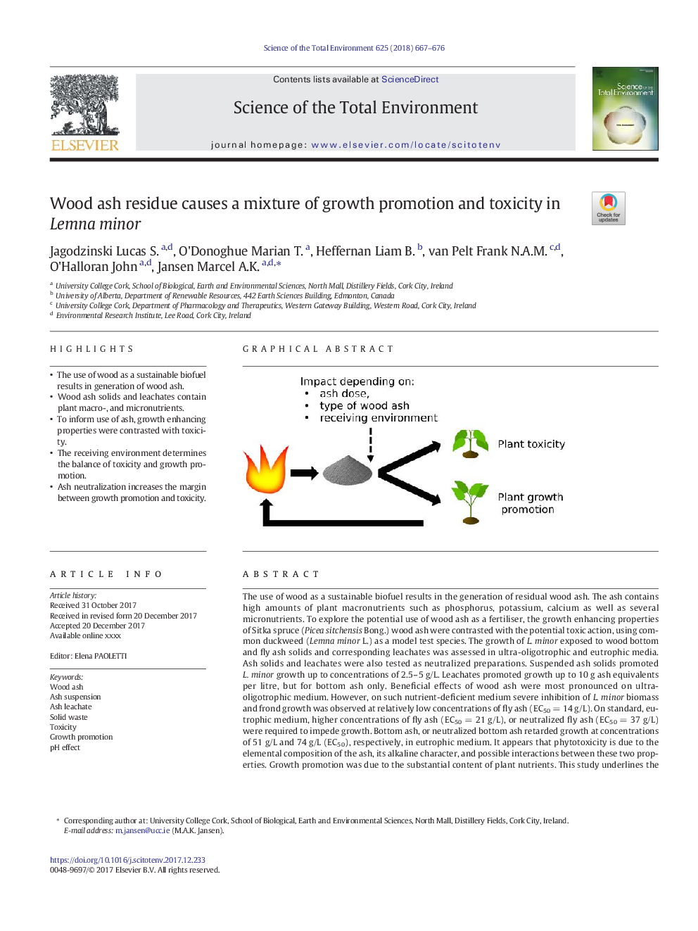 Wood ash residue causes a mixture of growth promotion and toxicity in Lemna minor