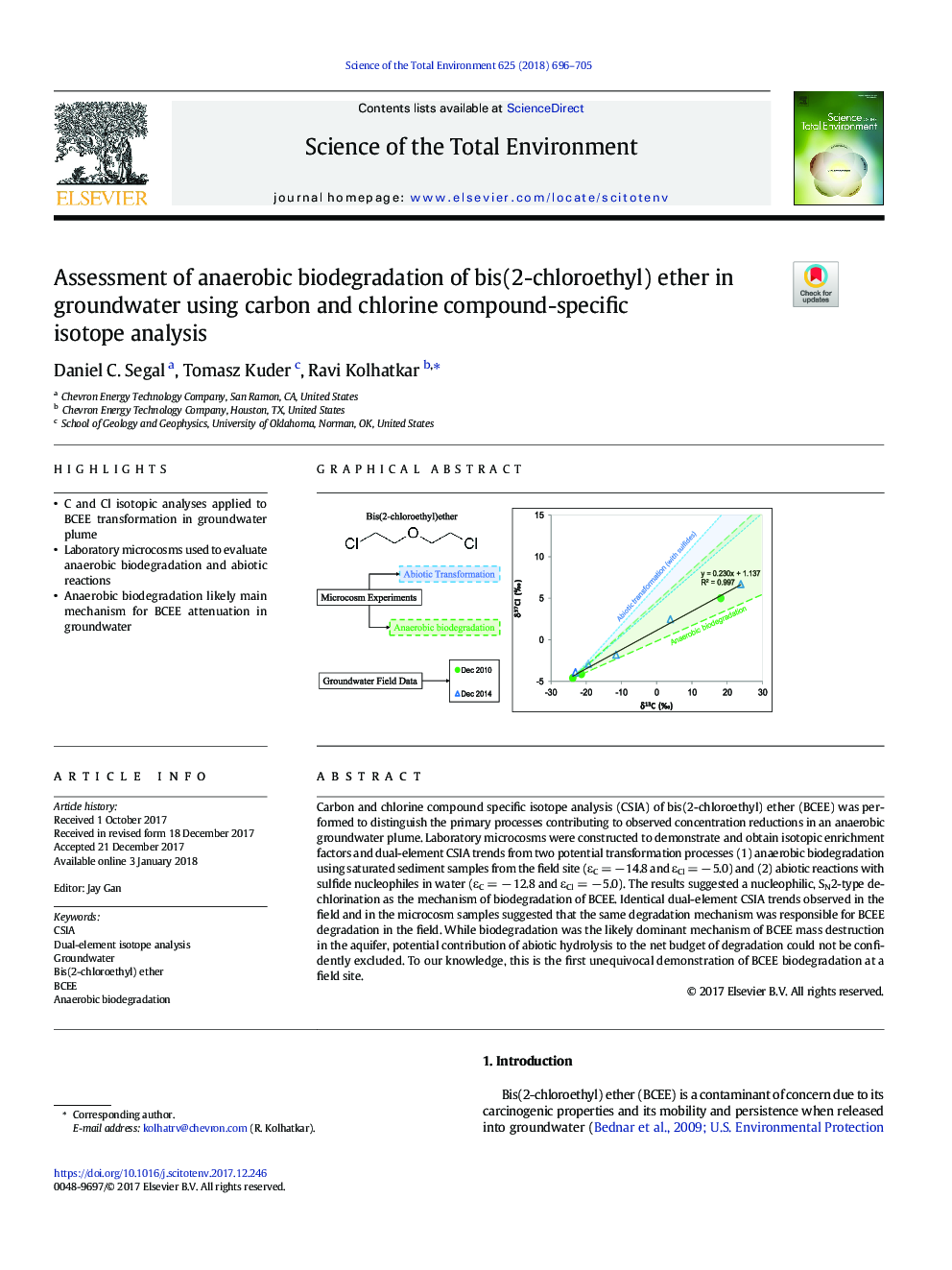 Assessment of anaerobic biodegradation of bis(2-chloroethyl) ether in groundwater using carbon and chlorine compound-specific isotope analysis