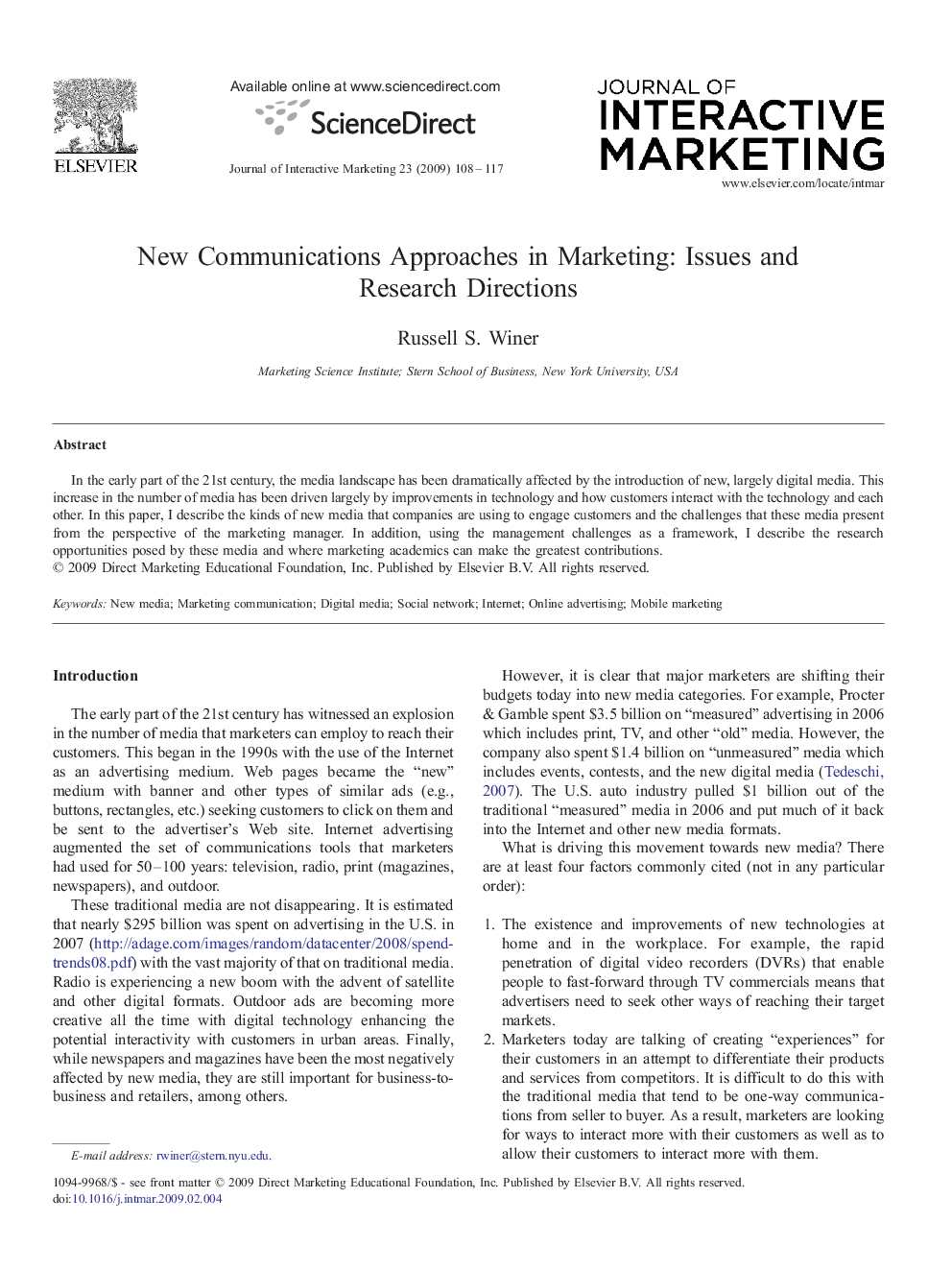عکس صفحه اول مقاله: New Communications Approaches in Marketing: Issues and Research Directions New Communications Approaches in Marketing: Issues and Research Directions