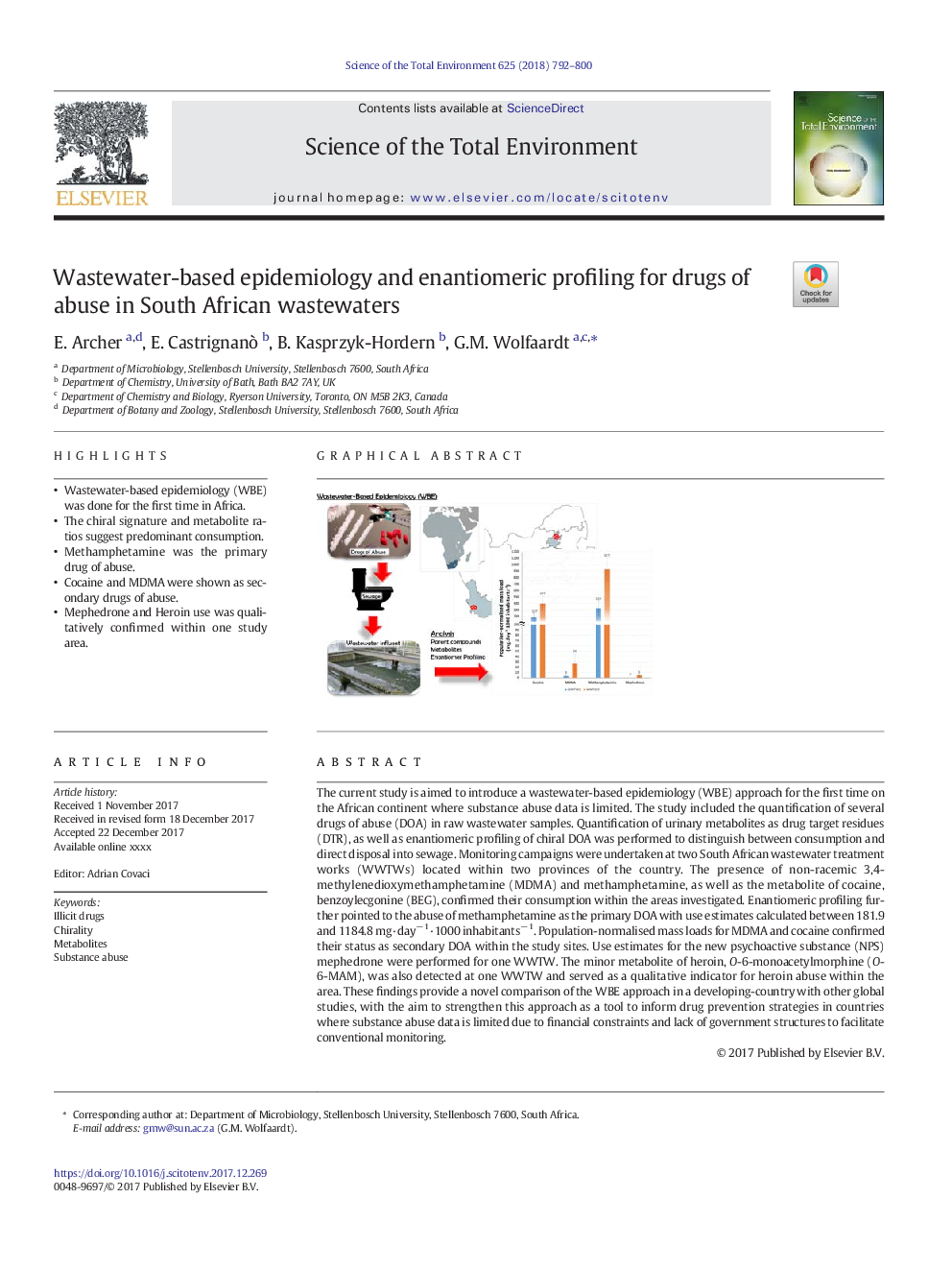 Wastewater-based epidemiology and enantiomeric profiling for drugs of abuse in South African wastewaters