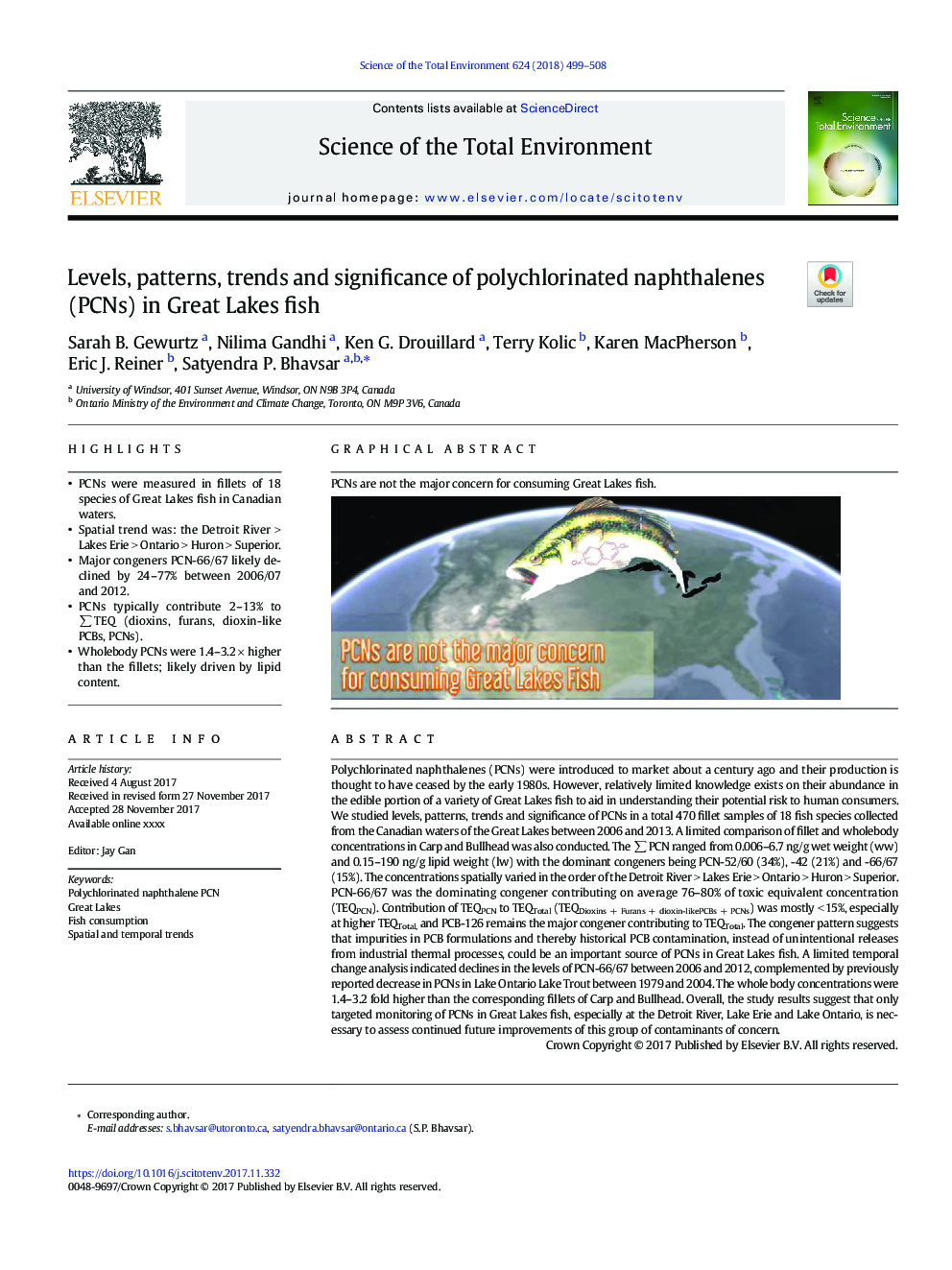 Levels, patterns, trends and significance of polychlorinated naphthalenes (PCNs) in Great Lakes fish