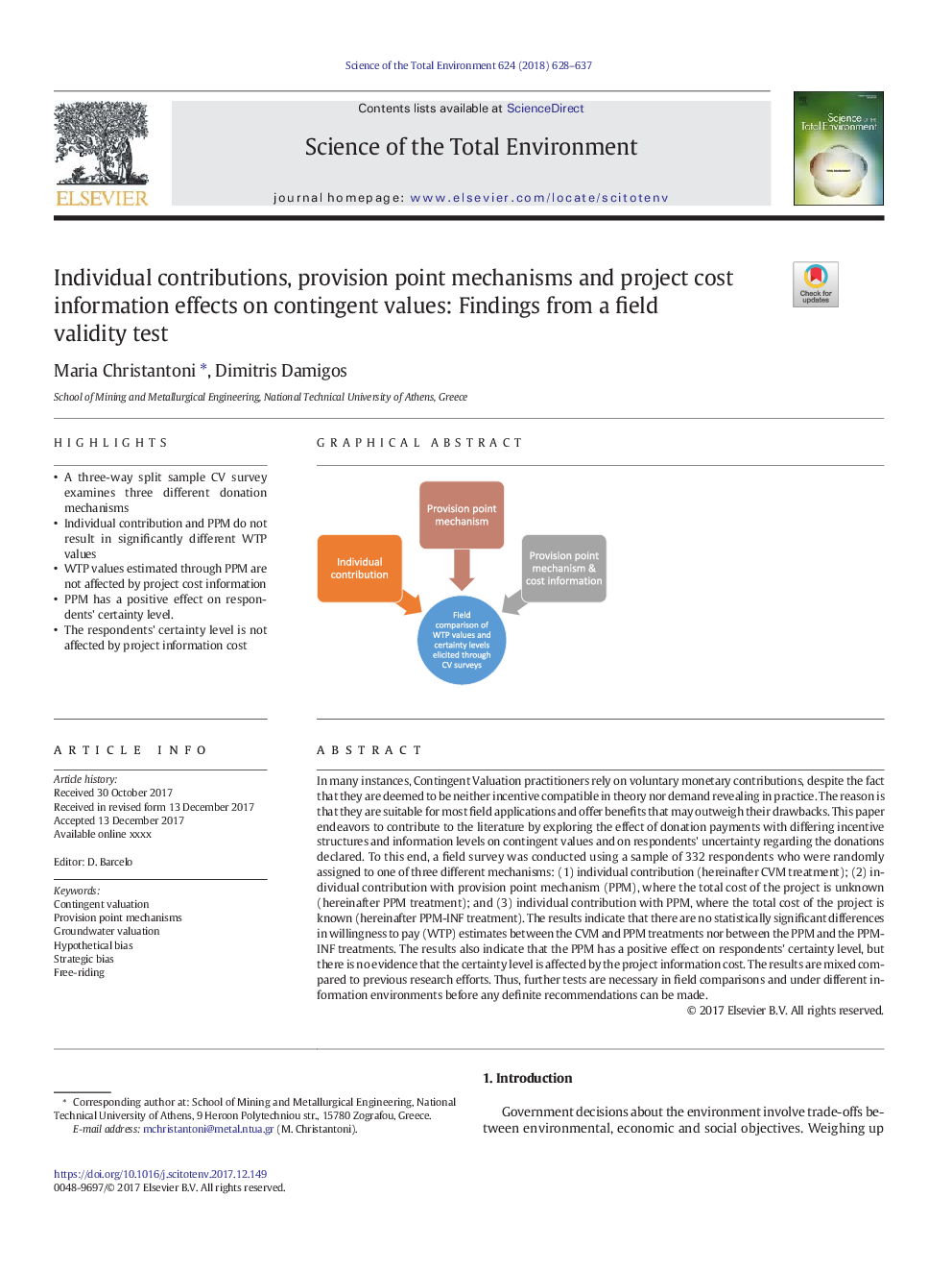 Individual contributions, provision point mechanisms and project cost information effects on contingent values: Findings from a field validity test