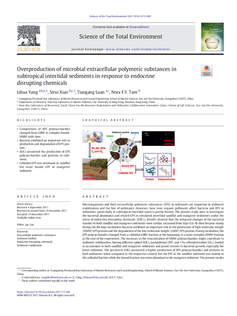 Overproduction of microbial extracellular polymeric substances in subtropical intertidal sediments in response to endocrine disrupting chemicals