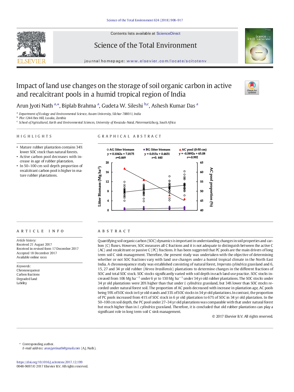 Impact of land use changes on the storage of soil organic carbon in active and recalcitrant pools in a humid tropical region of India