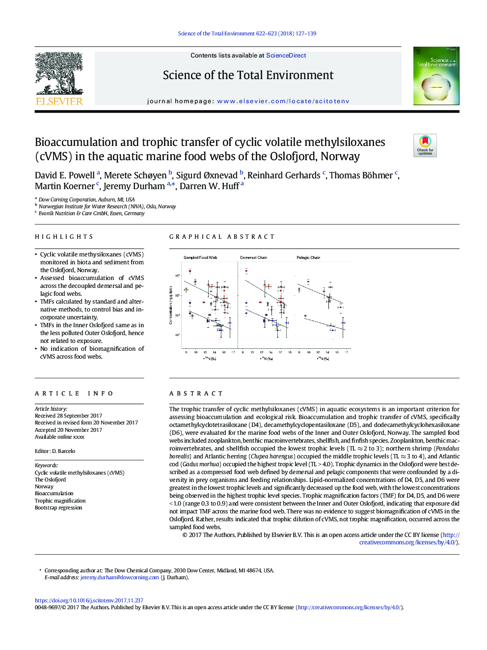 Bioaccumulation and trophic transfer of cyclic volatile methylsiloxanes (cVMS) in the aquatic marine food webs of the Oslofjord, Norway