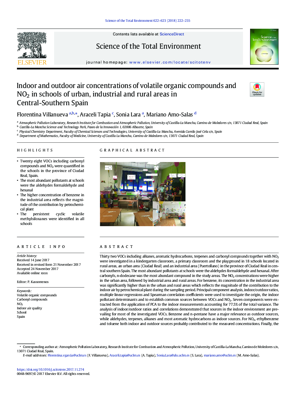 Indoor and outdoor air concentrations of volatile organic compounds and NO2 in schools of urban, industrial and rural areas in Central-Southern Spain