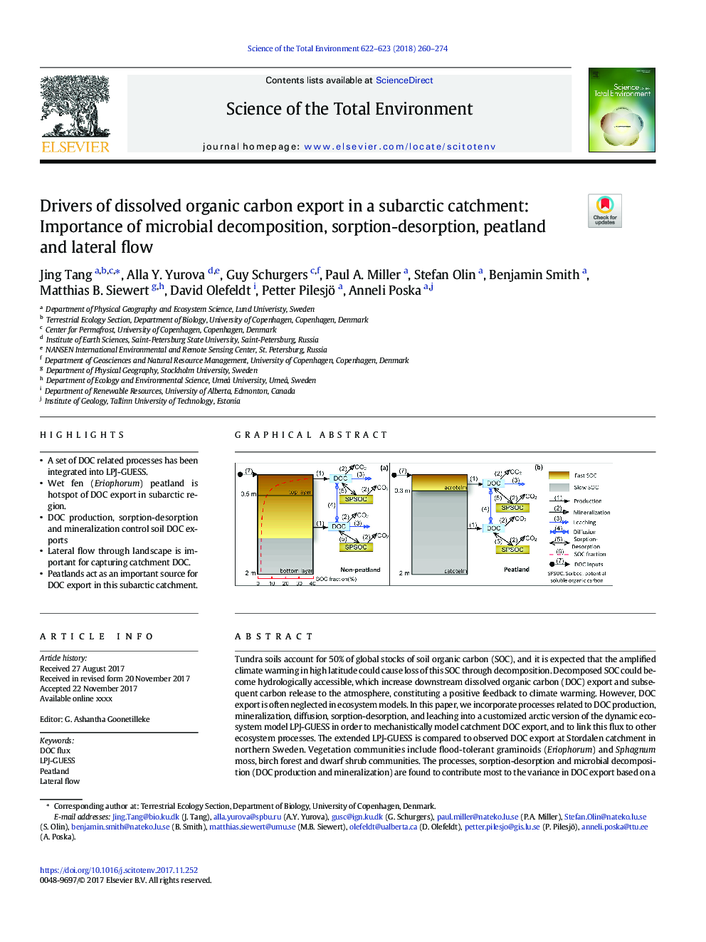 Drivers of dissolved organic carbon export in a subarctic catchment: Importance of microbial decomposition, sorption-desorption, peatland and lateral flow