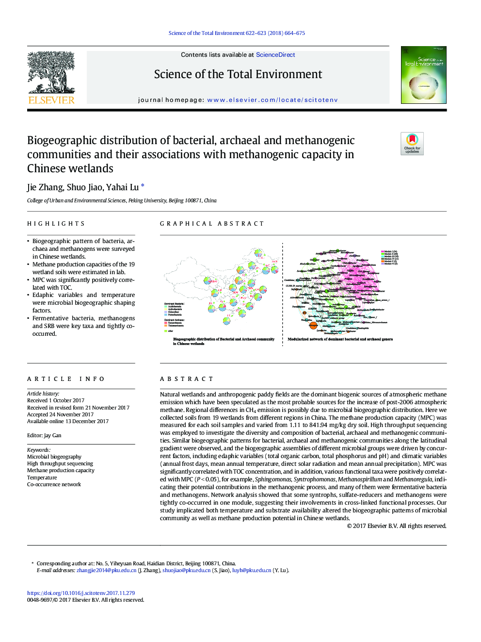 Biogeographic distribution of bacterial, archaeal and methanogenic communities and their associations with methanogenic capacity in Chinese wetlands