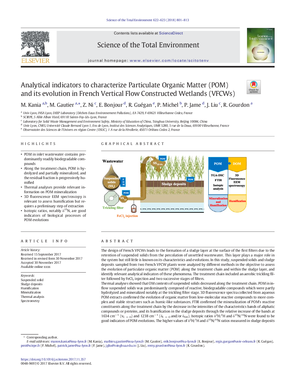 Analytical indicators to characterize Particulate Organic Matter (POM) and its evolution in French Vertical Flow Constructed Wetlands (VFCWs)