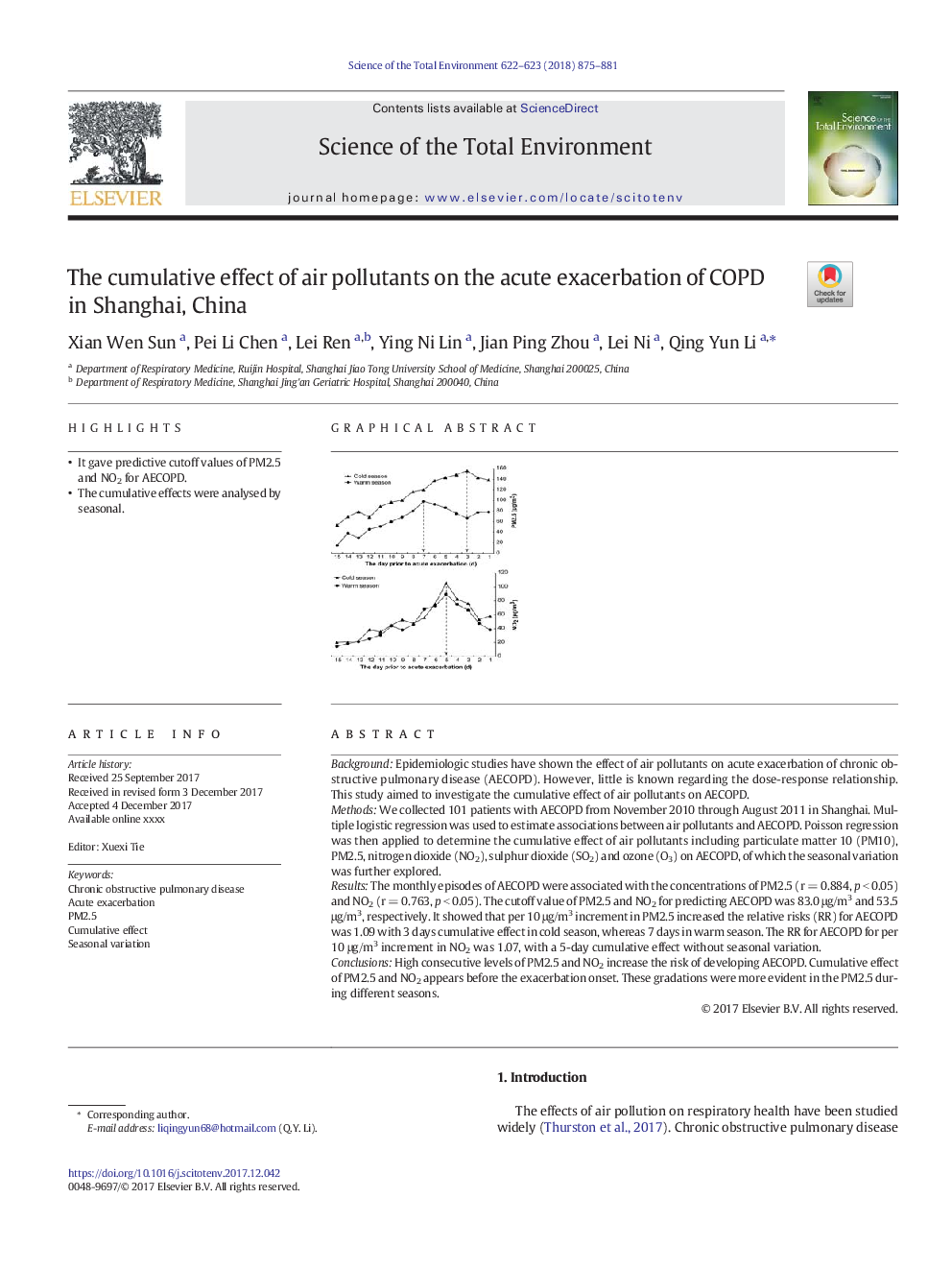 The cumulative effect of air pollutants on the acute exacerbation of COPD in Shanghai, China