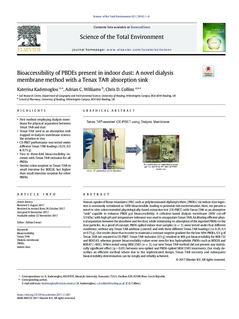 Bioaccessibility of PBDEs present in indoor dust: A novel dialysis membrane method with a Tenax TA® absorption sink