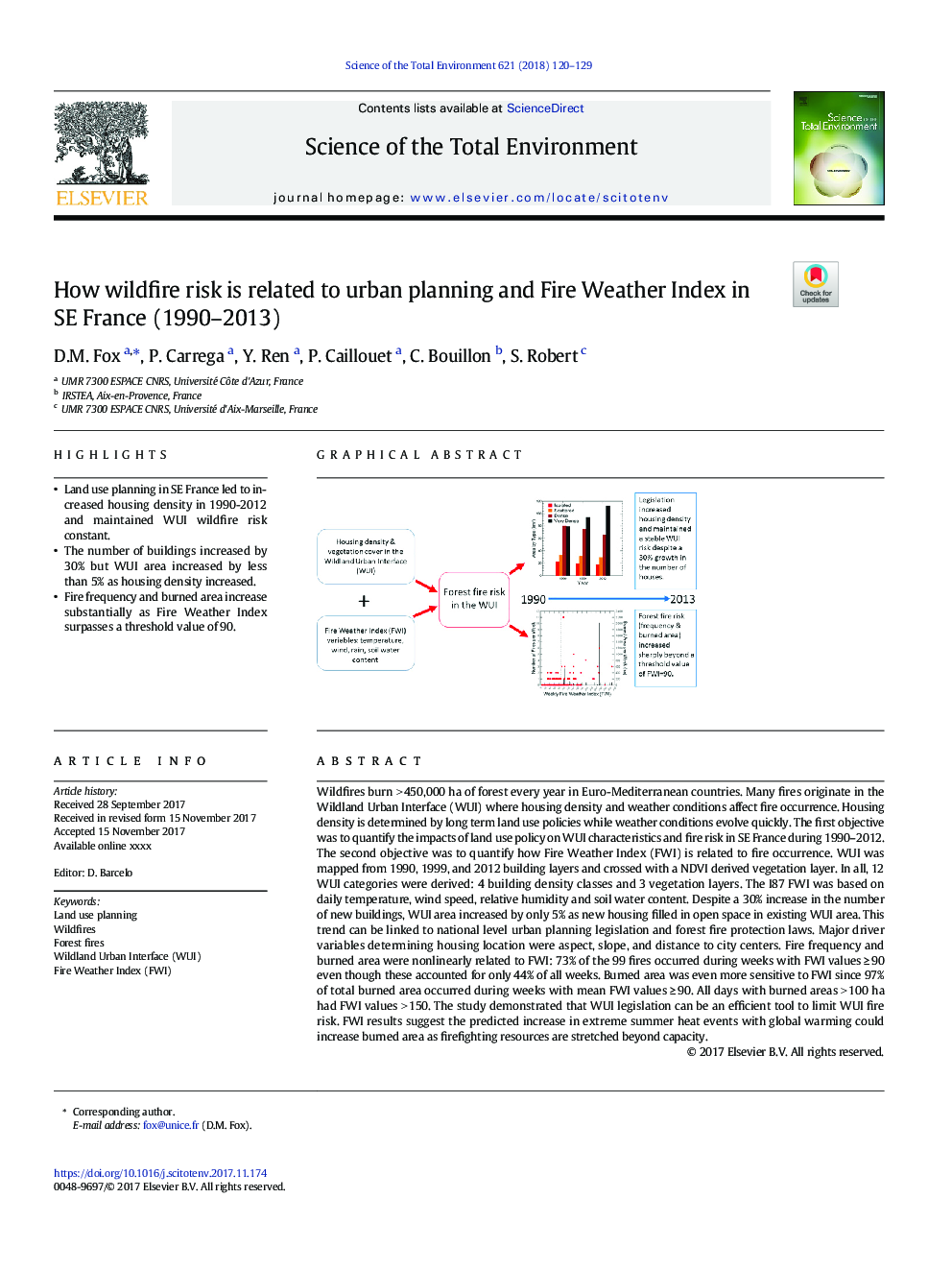 How wildfire risk is related to urban planning and Fire Weather Index in SE France (1990-2013)