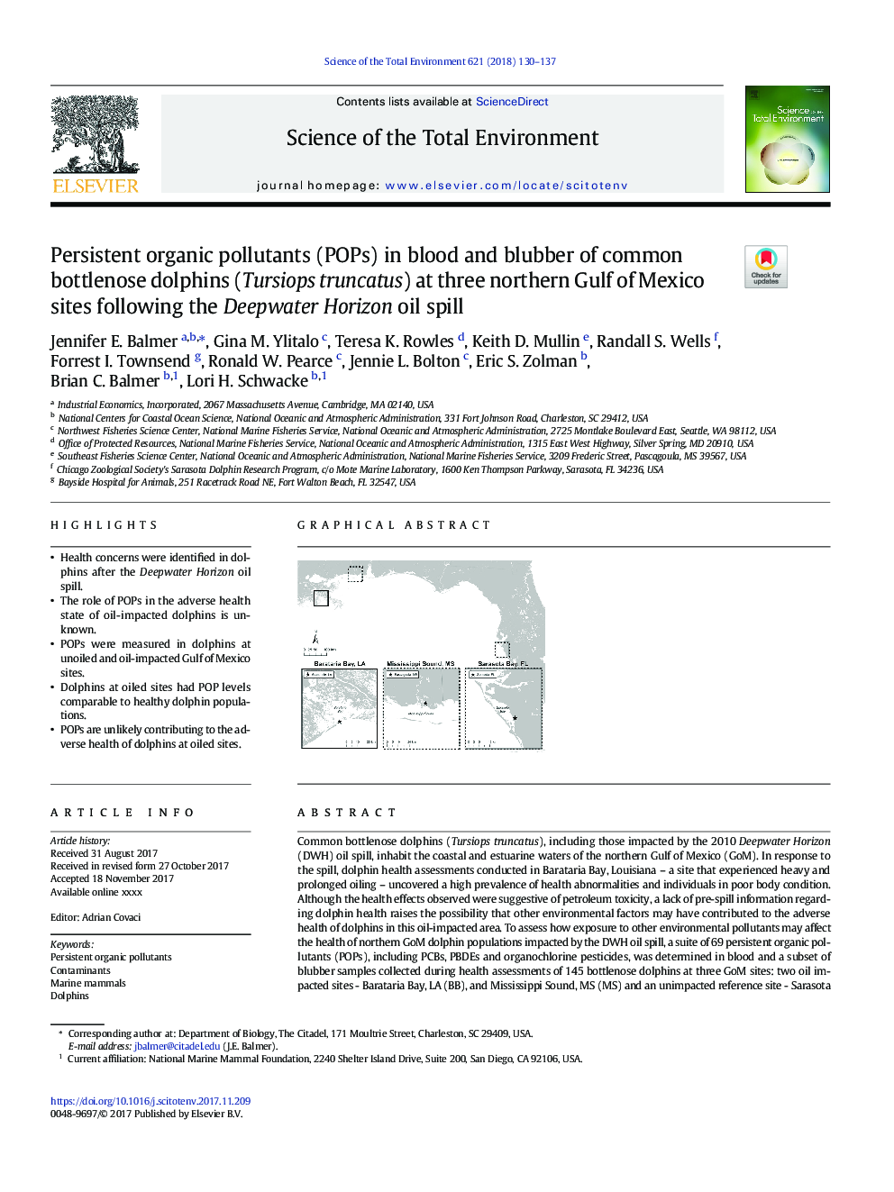 Persistent organic pollutants (POPs) in blood and blubber of common bottlenose dolphins (Tursiops truncatus) at three northern Gulf of Mexico sites following the Deepwater Horizon oil spill