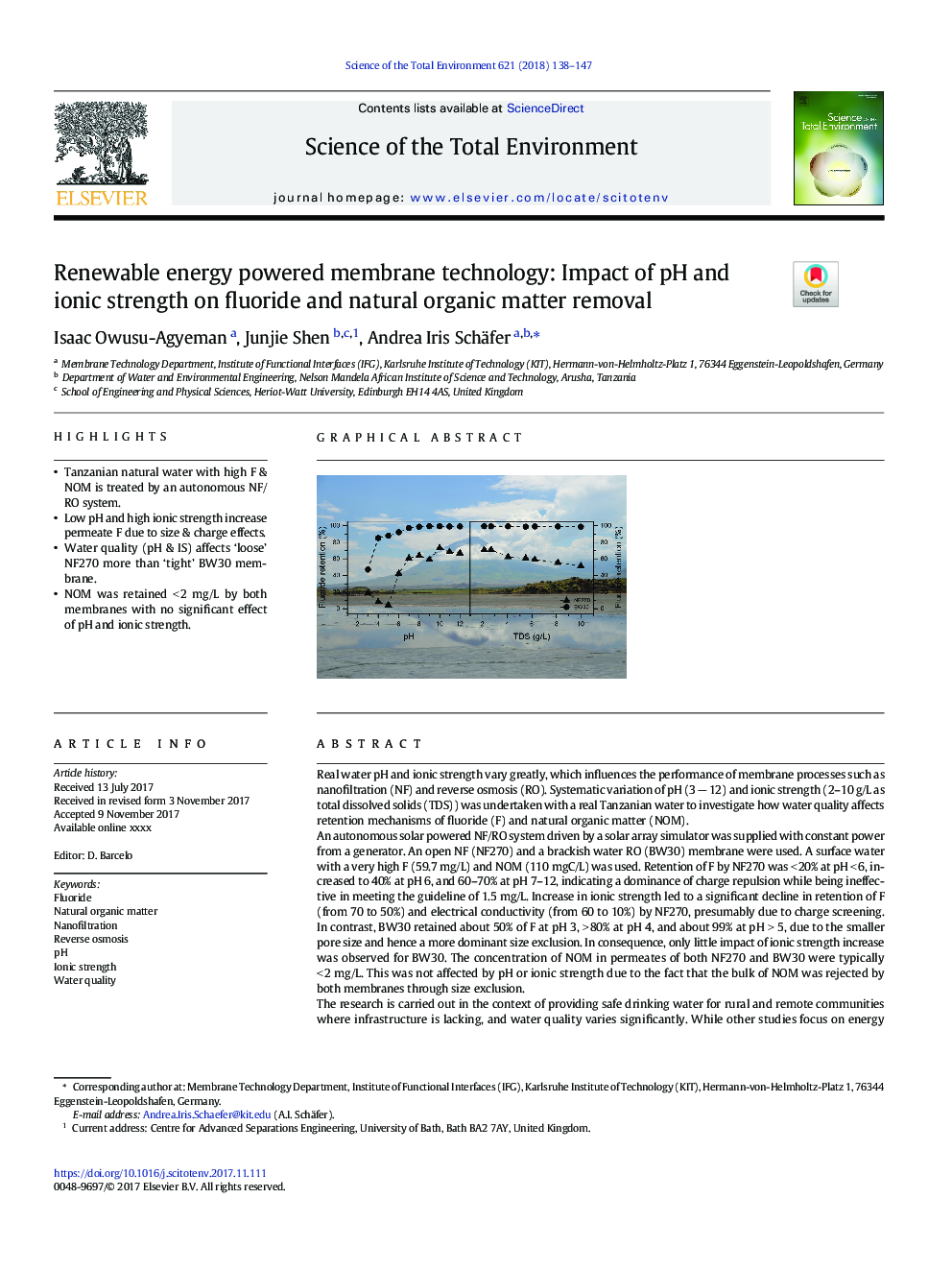 Renewable energy powered membrane technology: Impact of pH and ionic strength on fluoride and natural organic matter removal