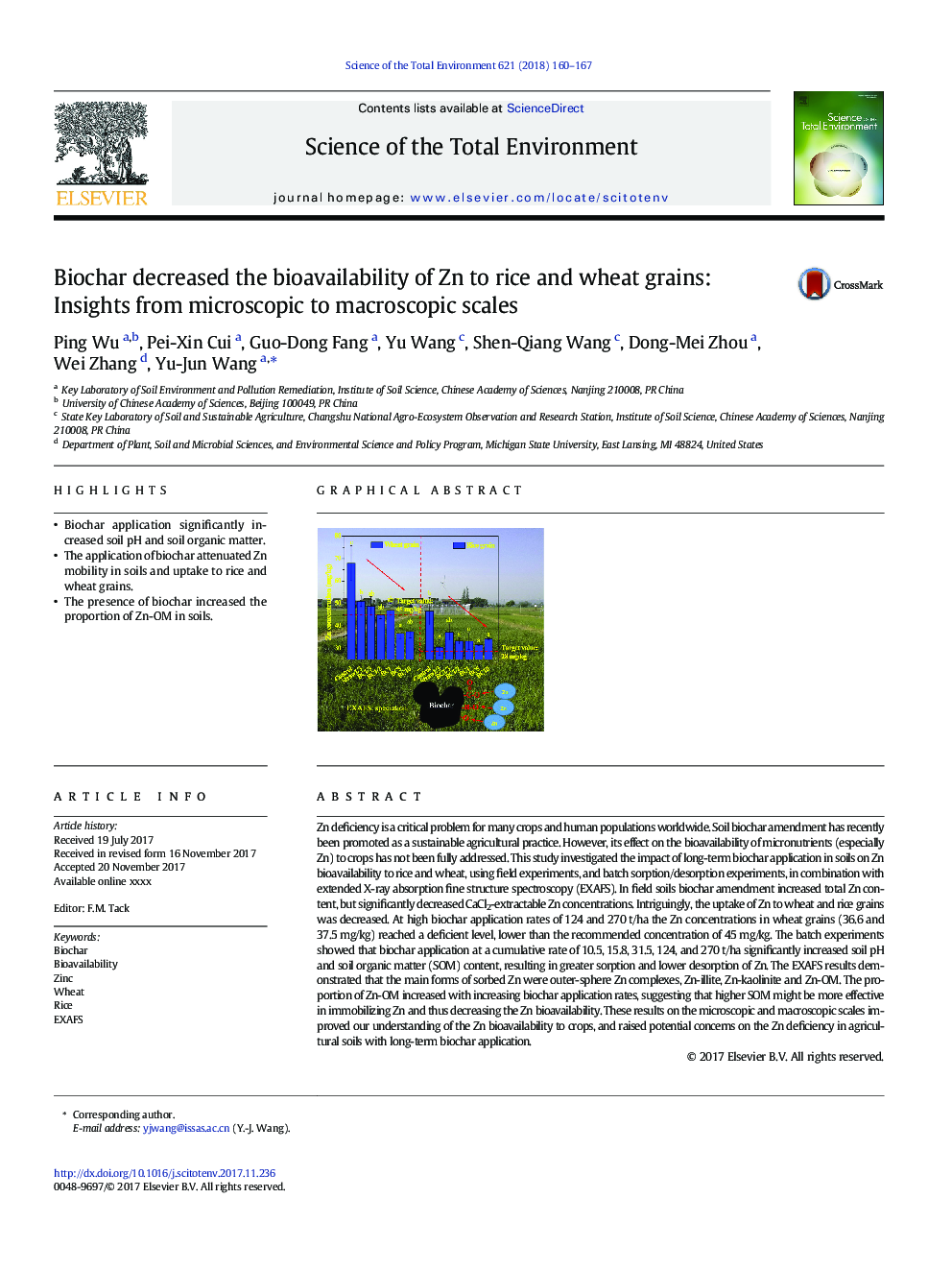 Biochar decreased the bioavailability of Zn to rice and wheat grains: Insights from microscopic to macroscopic scales