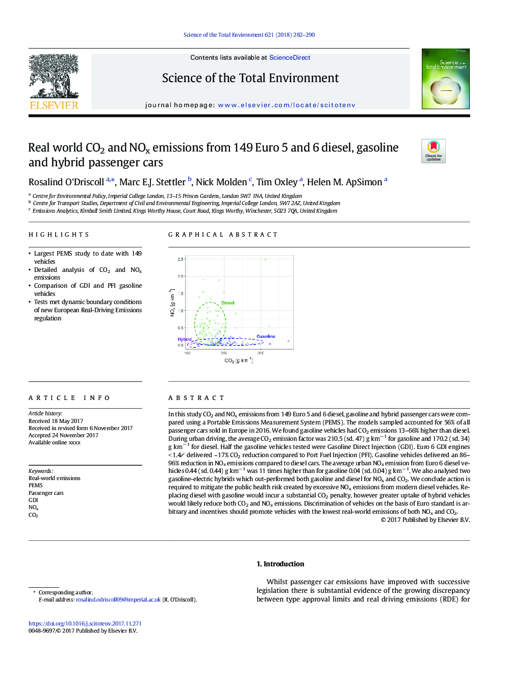 Real world CO2 and NOx emissions from 149 Euro 5 and 6 diesel, gasoline and hybrid passenger cars