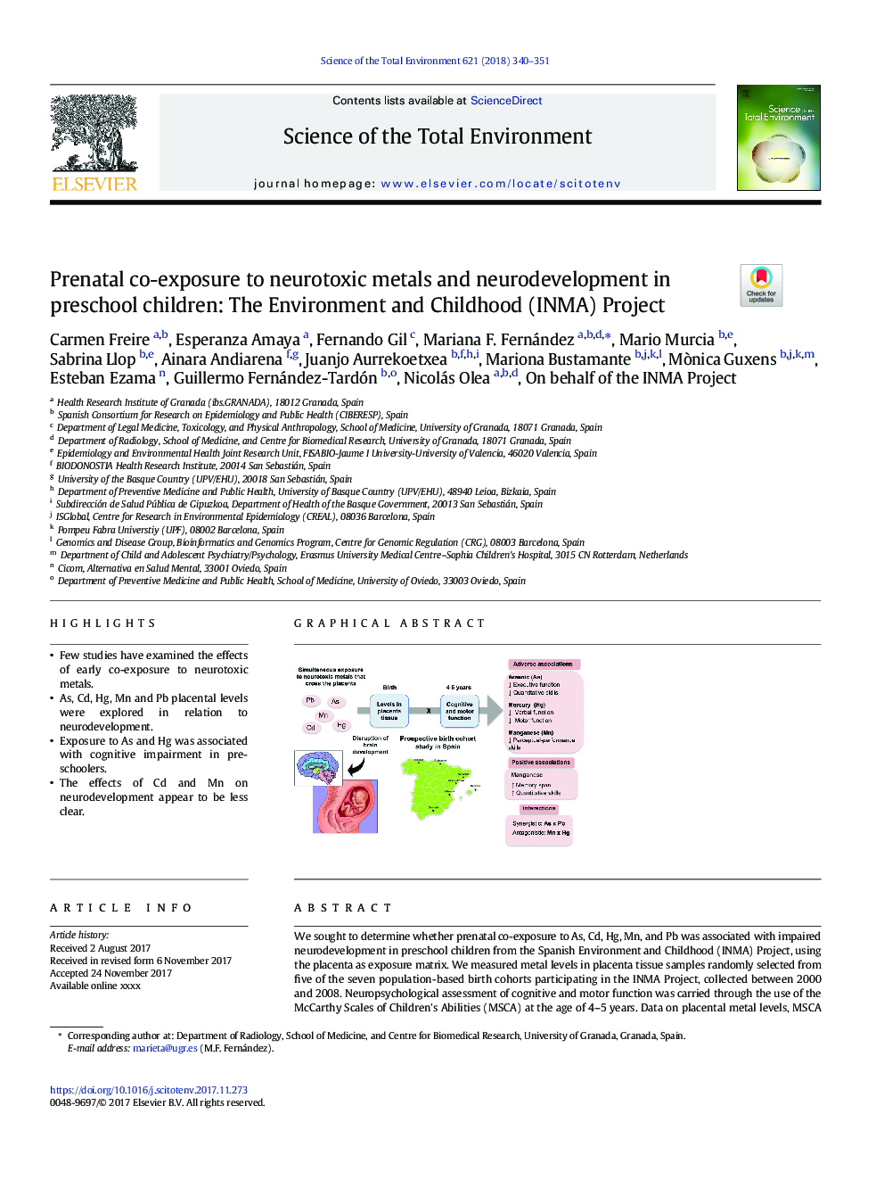 Prenatal co-exposure to neurotoxic metals and neurodevelopment in preschool children: The Environment and Childhood (INMA) Project