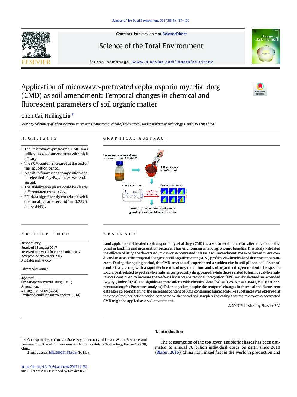 Application of microwave-pretreated cephalosporin mycelial dreg (CMD) as soil amendment: Temporal changes in chemical and fluorescent parameters of soil organic matter